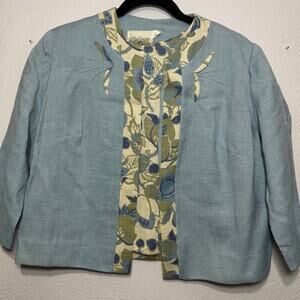Vintage Linen Cropped Jacket Blouse Set Floral Cottagecore Boho 60s Mod Blue M/L